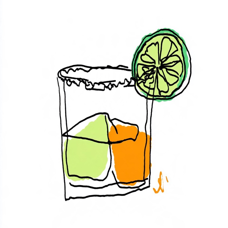 Illustration of a calamansi margarita with a salted rim and a lime wheel